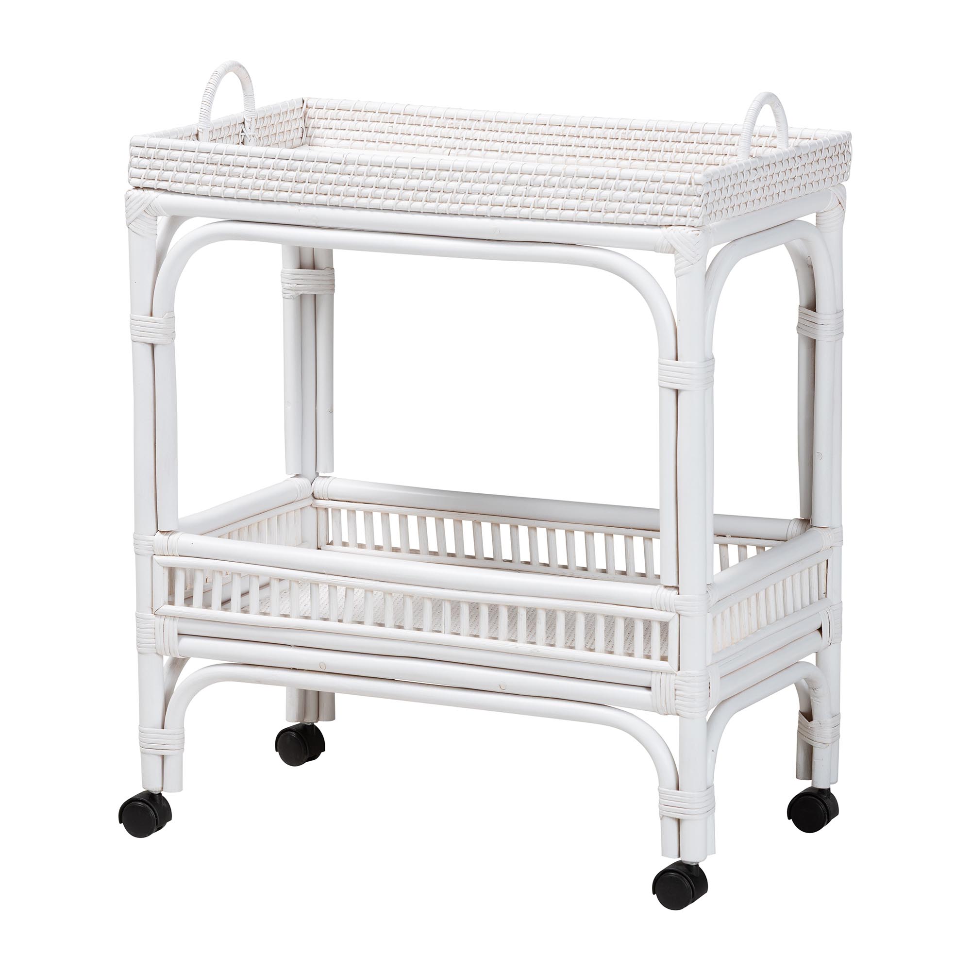 bali & pari Lombok Natural Rattan Wine Cart - Handwoven Wicker 2-Tier Mobile Bar Cart with Raised Tray Top Kitchen or Lounge, White